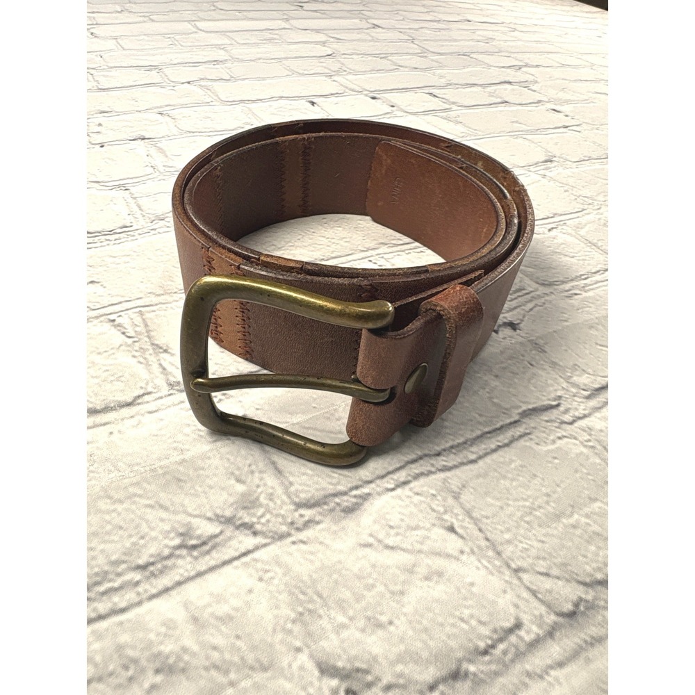 Unbranded Leather Belt Womens 32 Brown Good Patchwork Zigzag Stitch Brass Buckle